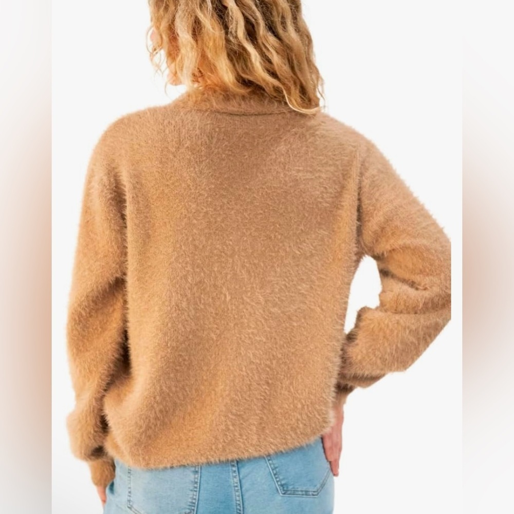 Slouchy V-Neck Cardigan Fuzzy Knit Sweater Oversized Drop Shoulder Long Sleeves - Picture 3 of 10
